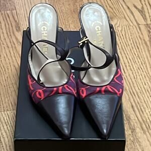 CHANEL‎ VINTAGE INTERLOCKING CC LOGO LAMBSKIN TRIM SLINGBACK SANDALS SIZE 38